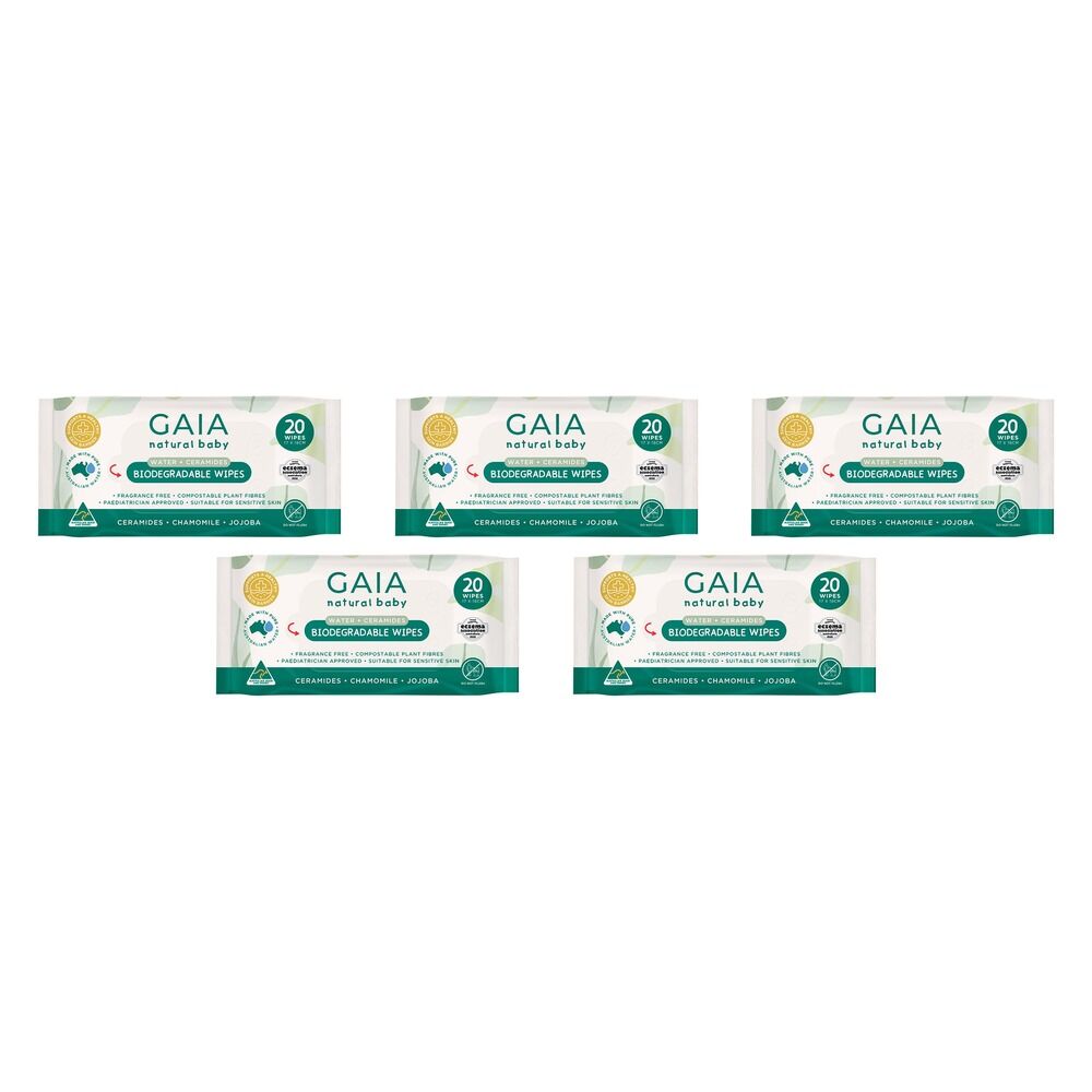 GAIA Water + Ceramides Biodegradable Wipes, Jojoba, 20 Pack Bundle of 5