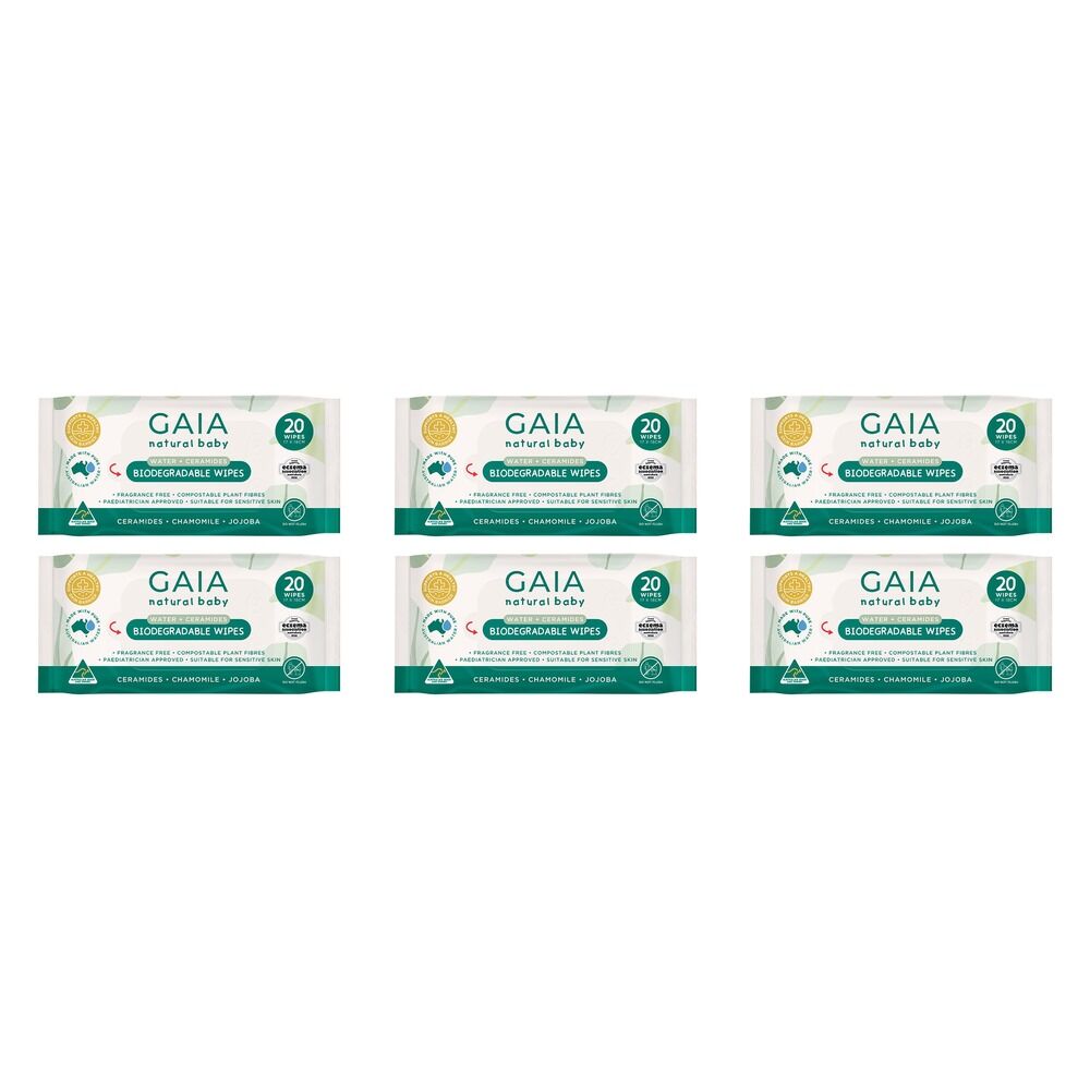 GAIA Water + Ceramides Biodegradable Wipes, Jojoba, 20 Pack Bundle of 6