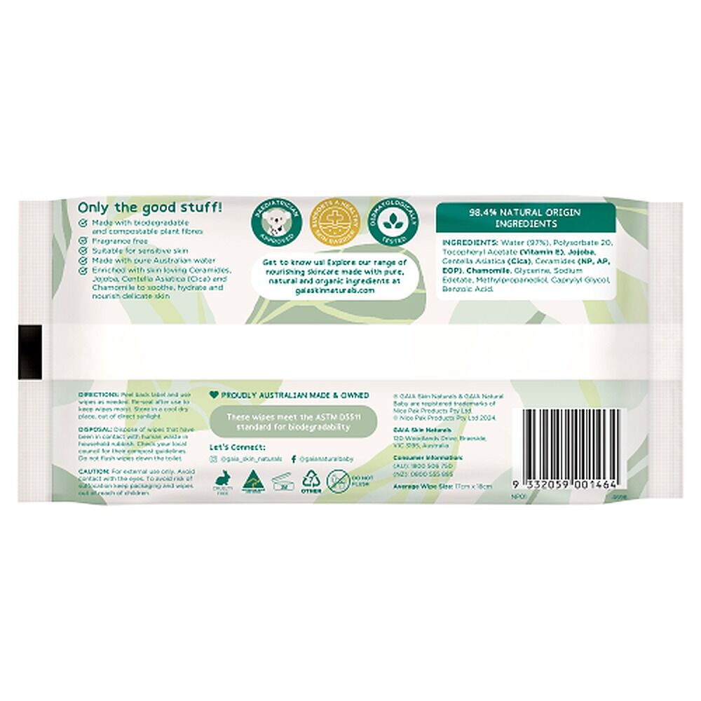GAIA Water + Ceramides Biodegradable Wipes, Jojoba, 20 Pack