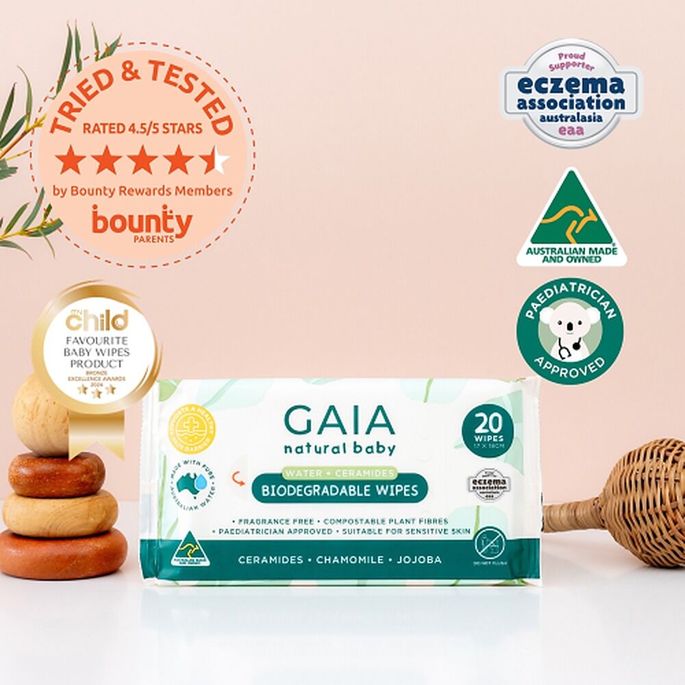 GAIA Water + Ceramides Biodegradable Wipes, Jojoba, 20 Pack
