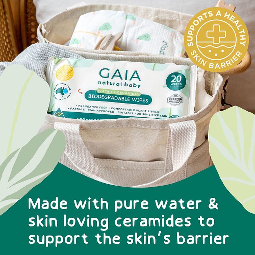 GAIA Water + Ceramides Biodegradable Wipes, Jojoba, 20 Pack