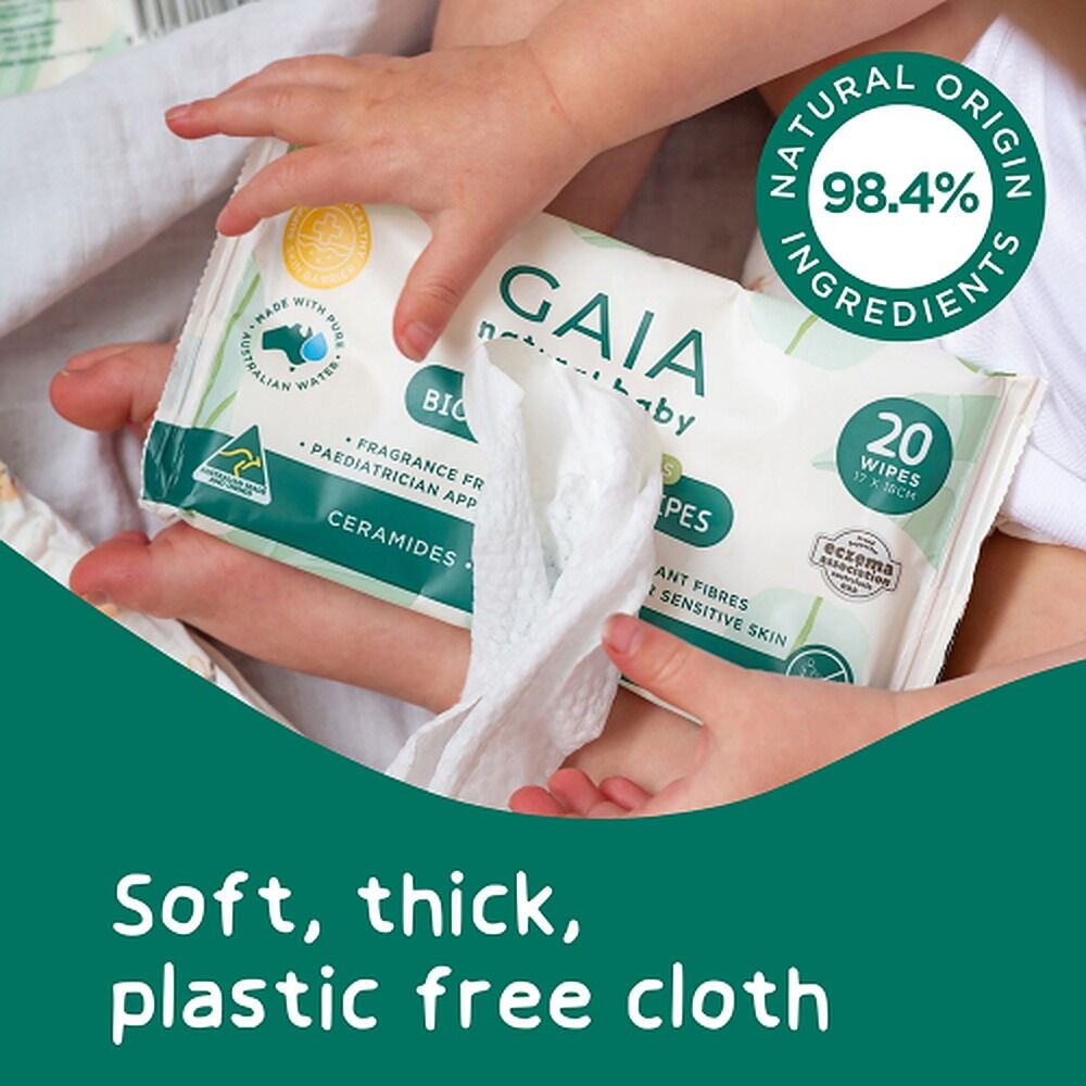 GAIA Water + Ceramides Biodegradable Wipes, Jojoba, 20 Pack