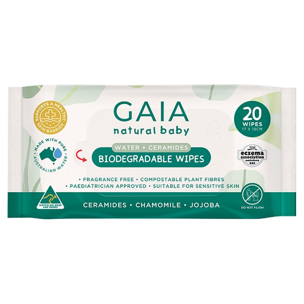 GAIA Water + Ceramides Biodegradable Wipes, Jojoba, 20 Pack