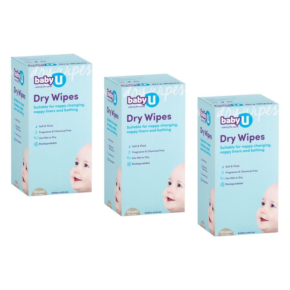 Baby U Dry Wipes, Spunlace Nappy Change and Bathing Wipes, 100 Pack Bundle of 3