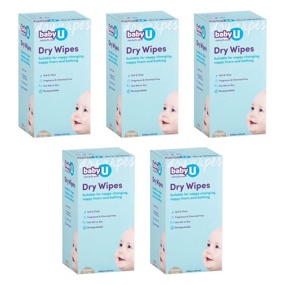 Baby U Dry Wipes, Spunlace Nappy Change and Bathing Wipes, 100 Pack Bundle of 5
