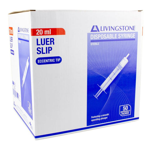 Livingstone Syringe 20mL Luer Slip Eccentric Tip Box of 50