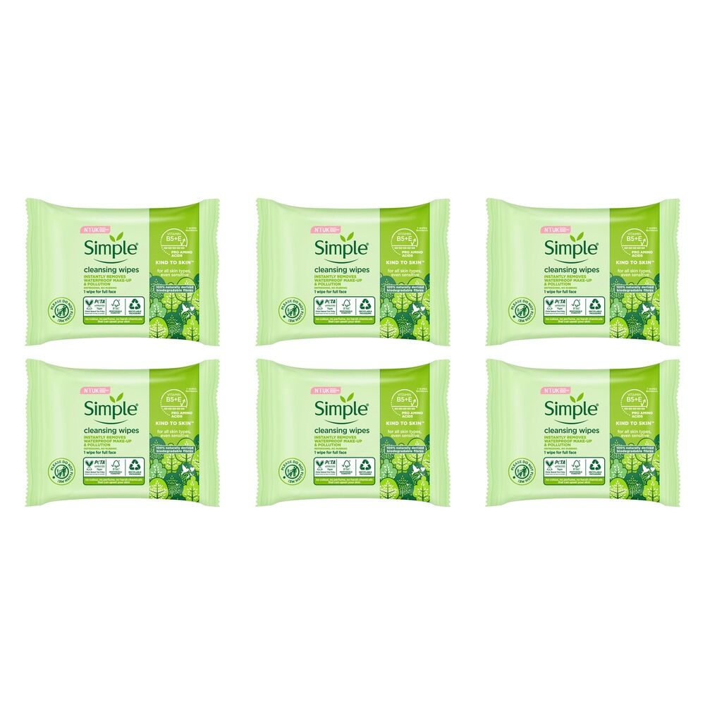 Simple Biodegradable Cleansing Wipes 15 x 7 Pack Bundle of 6