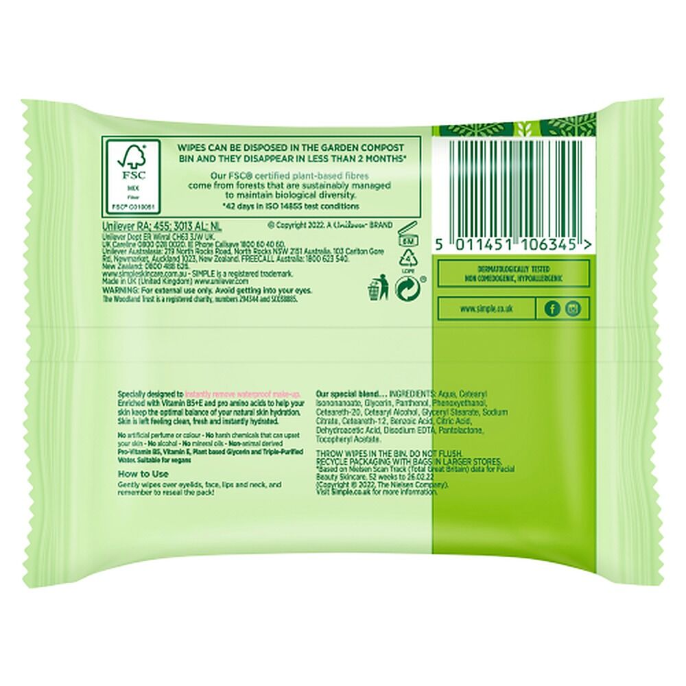Simple Biodegradable Cleansing Wipes 15 x 7 Pack