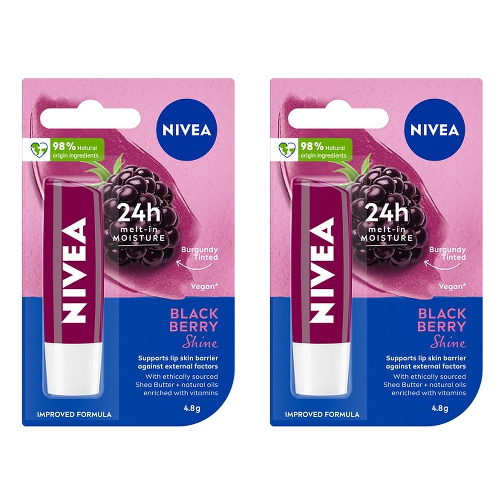 NIVEA 24h Melt-In Moisture Blackberry Shine Lip Balm 4.8g Pack of 2