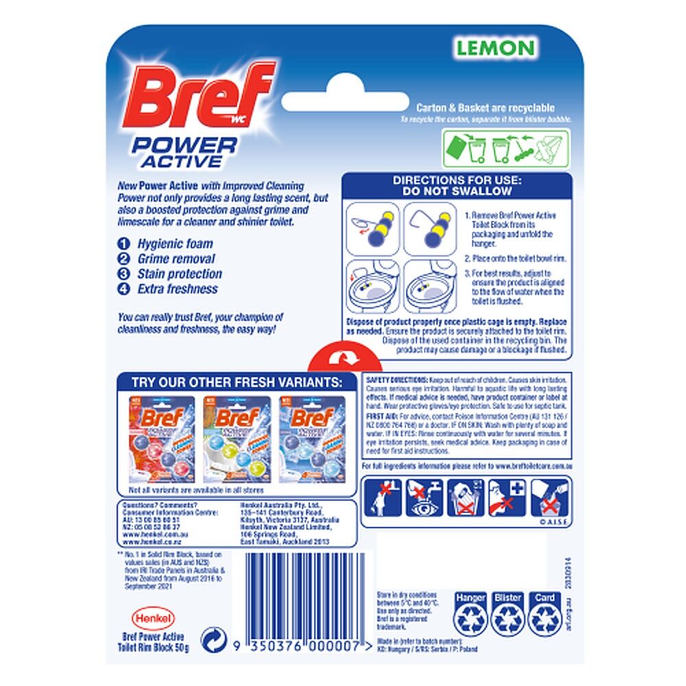 Bref Power Active Juicy Lemon Rim Block Toilet Cleaner 50g x 6