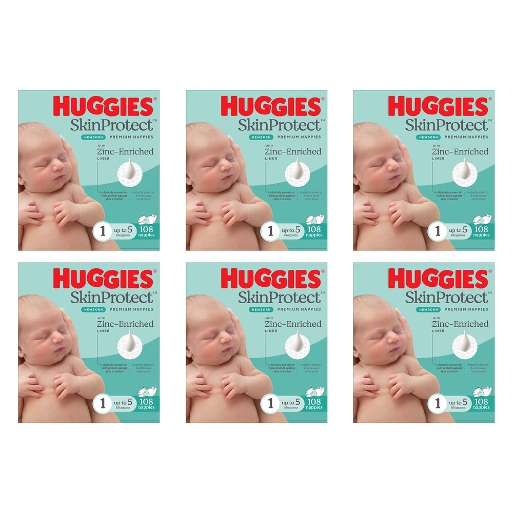 Huggies Newborn Nappies for Boys & Girls Size 1 108 Pack Bundle of 6