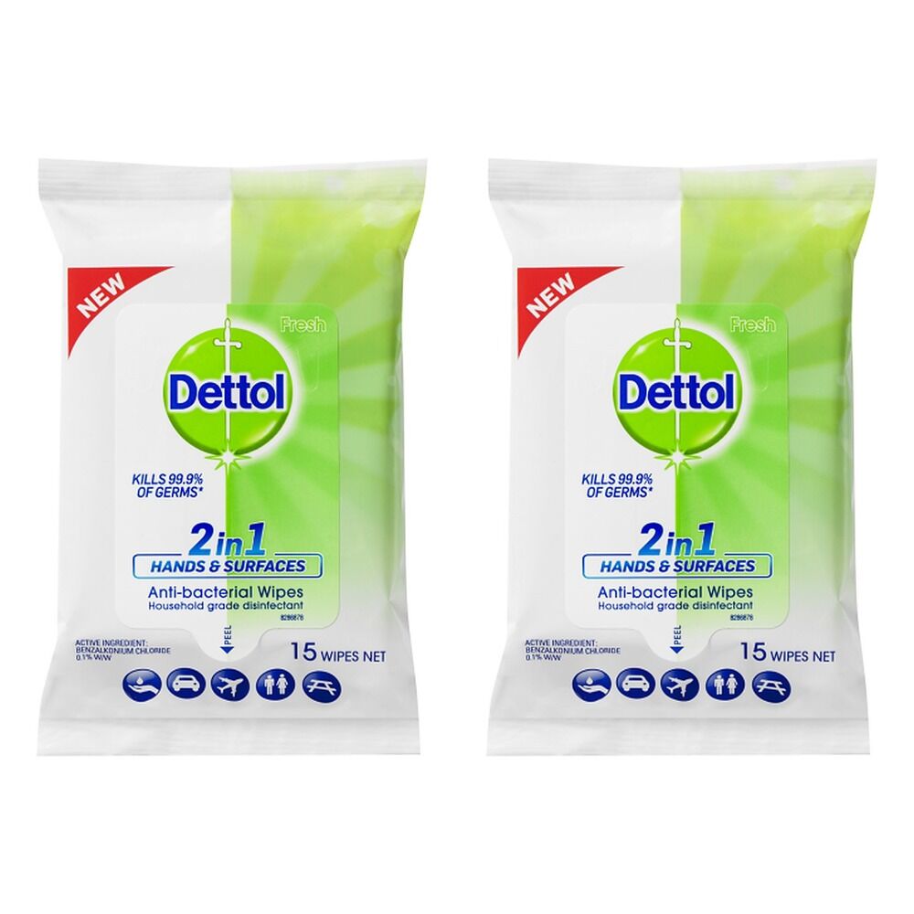 Dettol 2 in 1 Hands & Surfaces Anti-Bacterial Wipes 15 Wipes Pack of 2