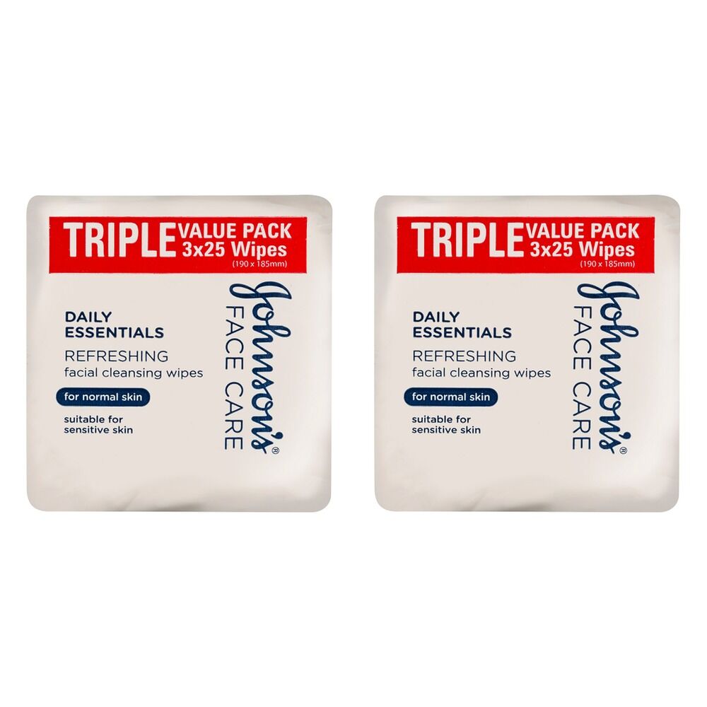Johnson's Face Care Cleansing Wipes for Normal Skin 25 Wipes Triple Bundle of 2