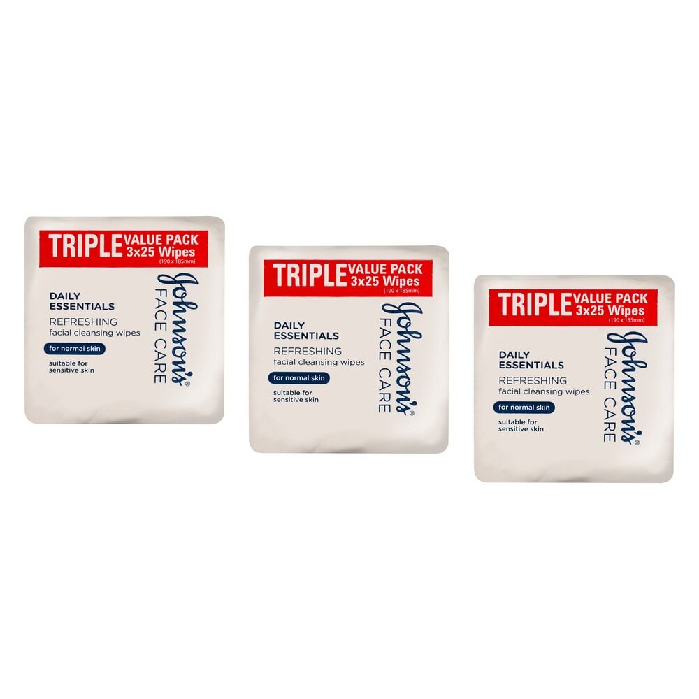 Johnson's Face Care Cleansing Wipes for Normal Skin 25 Wipes Triple Bundle of 3