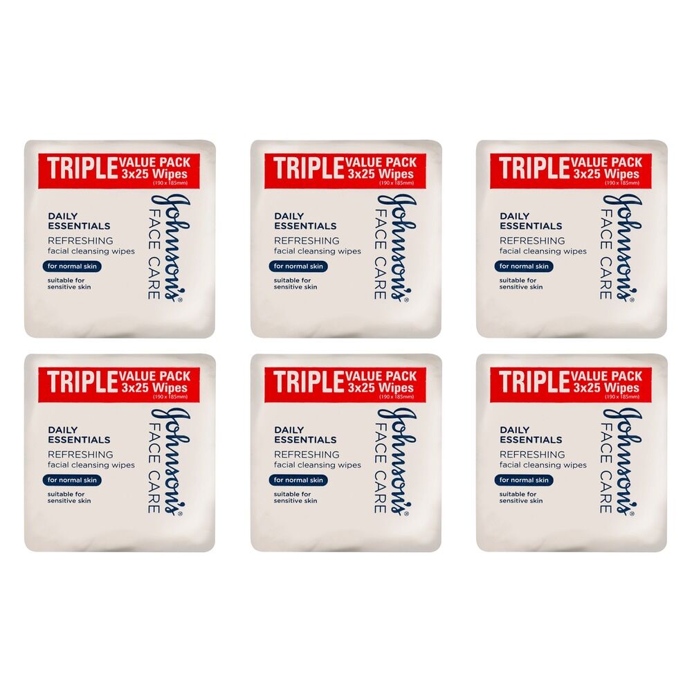 Johnson's Face Care Cleansing Wipes for Normal Skin 25 Wipes Triple Bundle of 6