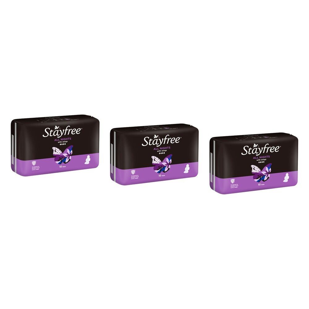 Stayfree All Nights Pads with Wings 10 Pack Bundle of 3