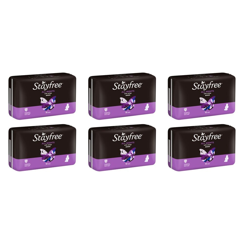 Stayfree All Nights Pads with Wings 10 Pack Bundle of 6