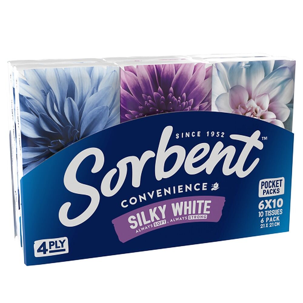 Sorbent Silky White Facial Tissues 4 Ply 6 x 10 Pack x 12
