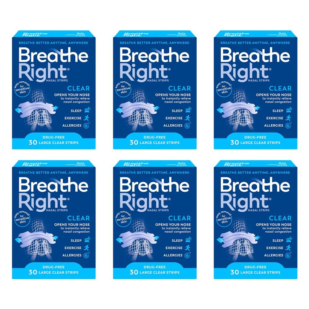 Breathe Right Nasal Strips Clear Large 30 Pack Bundle of 6