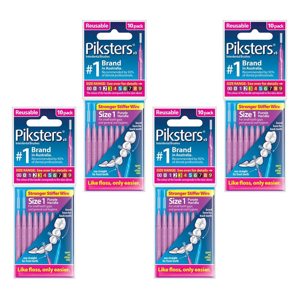 Piksters Interdental Brush Purple Size 1 10 Pack Bundle of 4