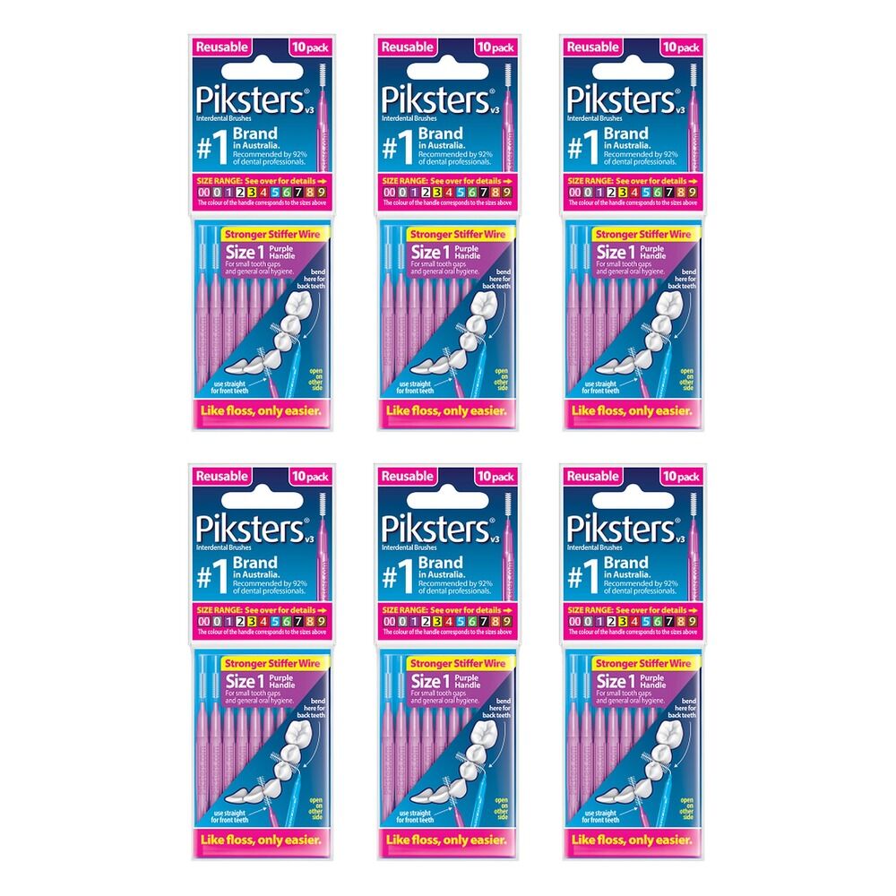 Piksters Interdental Brush Purple Size 1 10 Pack Bundle of 6