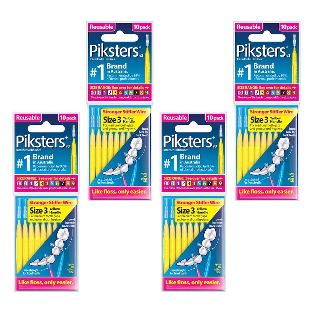 Piksters Interdental Brush Yellow Size 3 10 Pack Bundle of 4