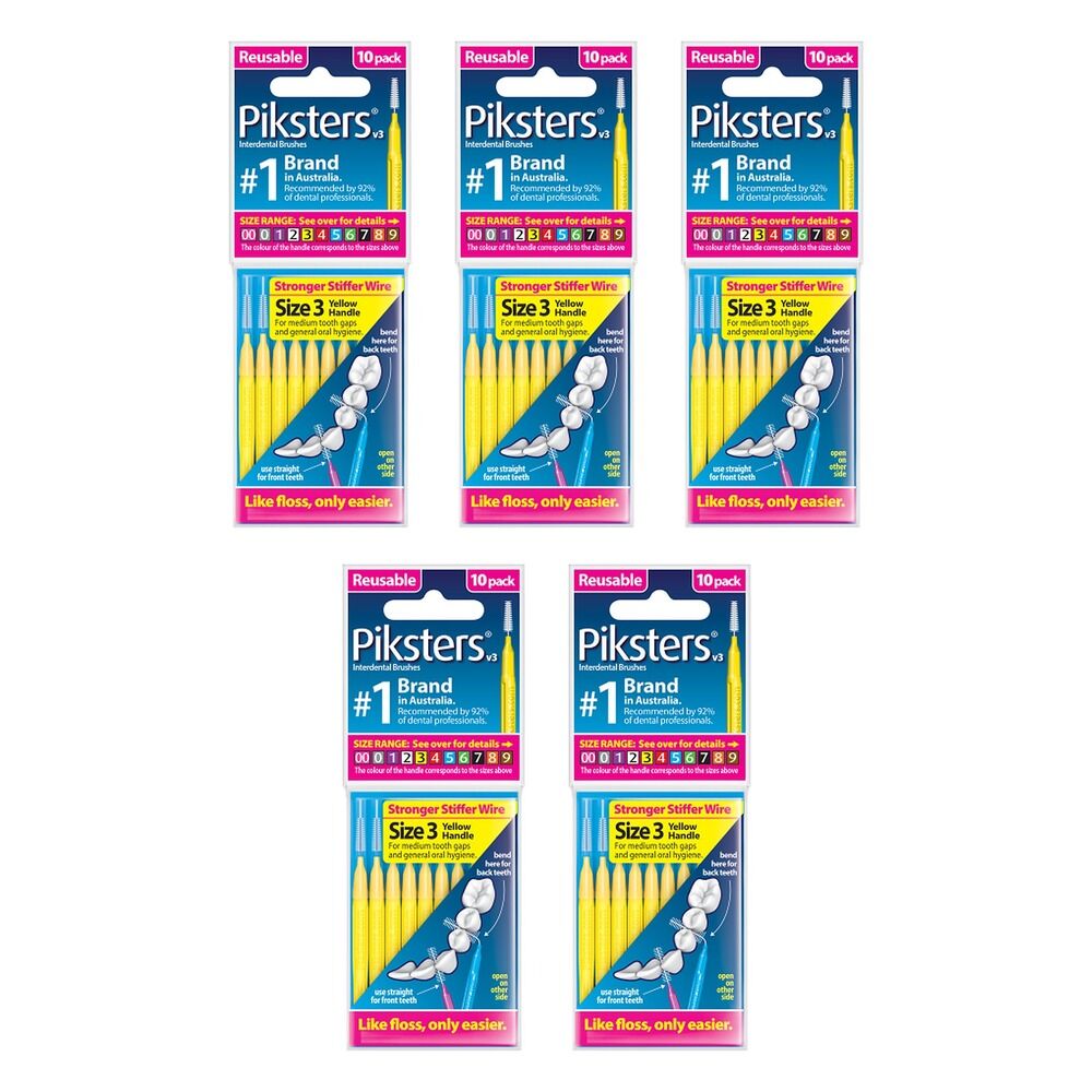 Piksters Interdental Brush Yellow Size 3 10 Pack Bundle of 5