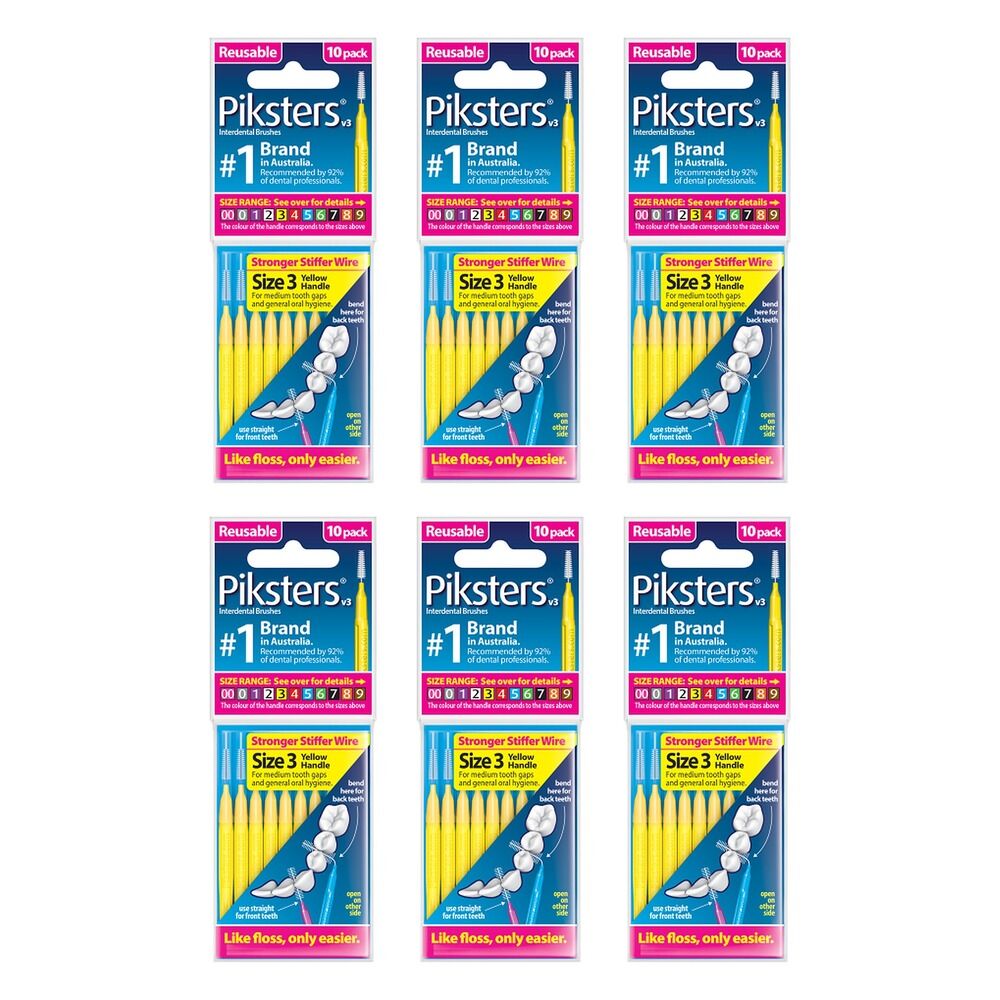 Piksters Interdental Brush Yellow Size 3 10 Pack Bundle of 6