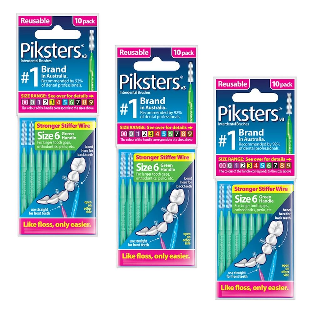 Piksters Interdental Brush Green Handle Size 6 10 Pack Bundle of 3