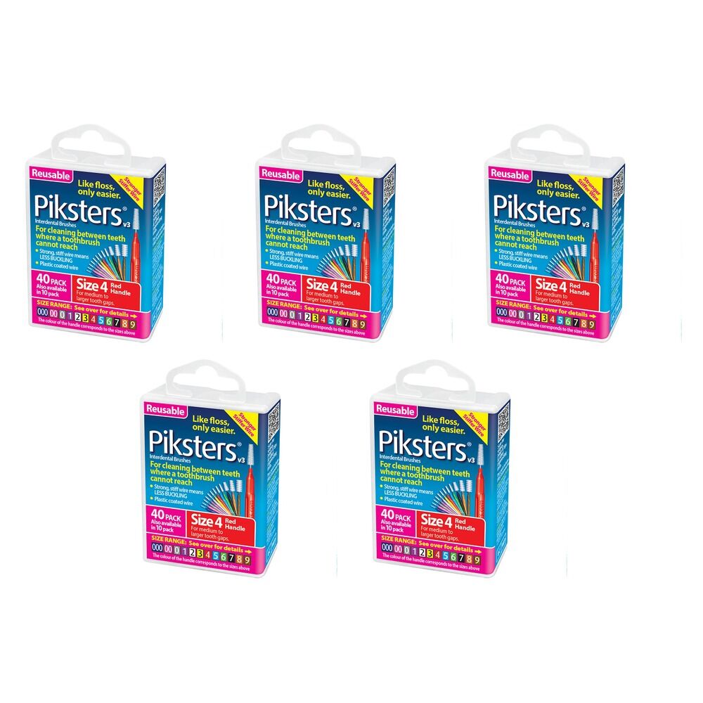 Piksters Interdental Brushes Red Size 4 40 Pack Bundle of 5