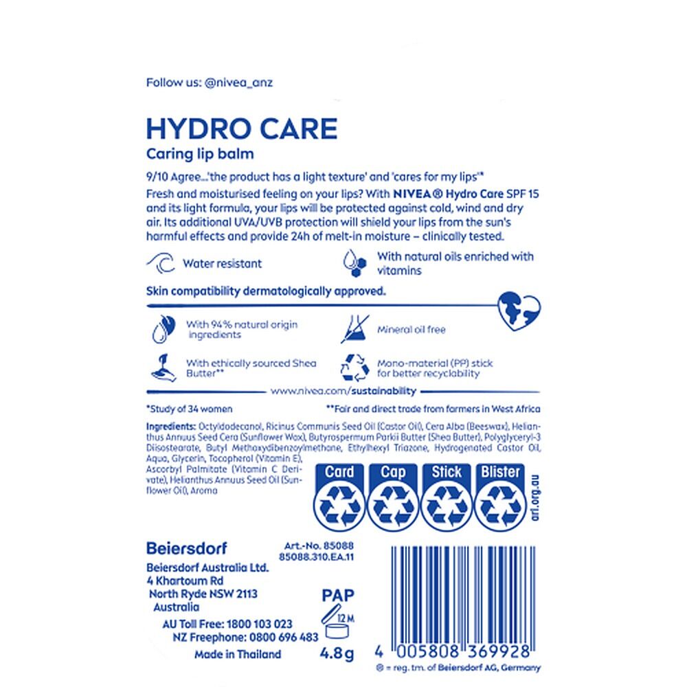 NIVEA 24h Melt-In Moisture Hydro Care SPF15 Lip Balm 4.8g
