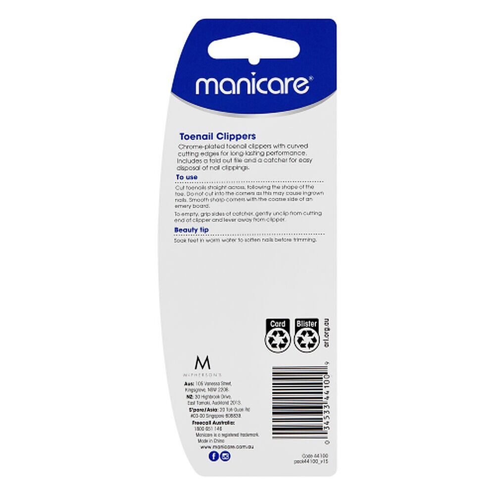 Manicare Toenail Clippers With Catcher and Nail File x 3