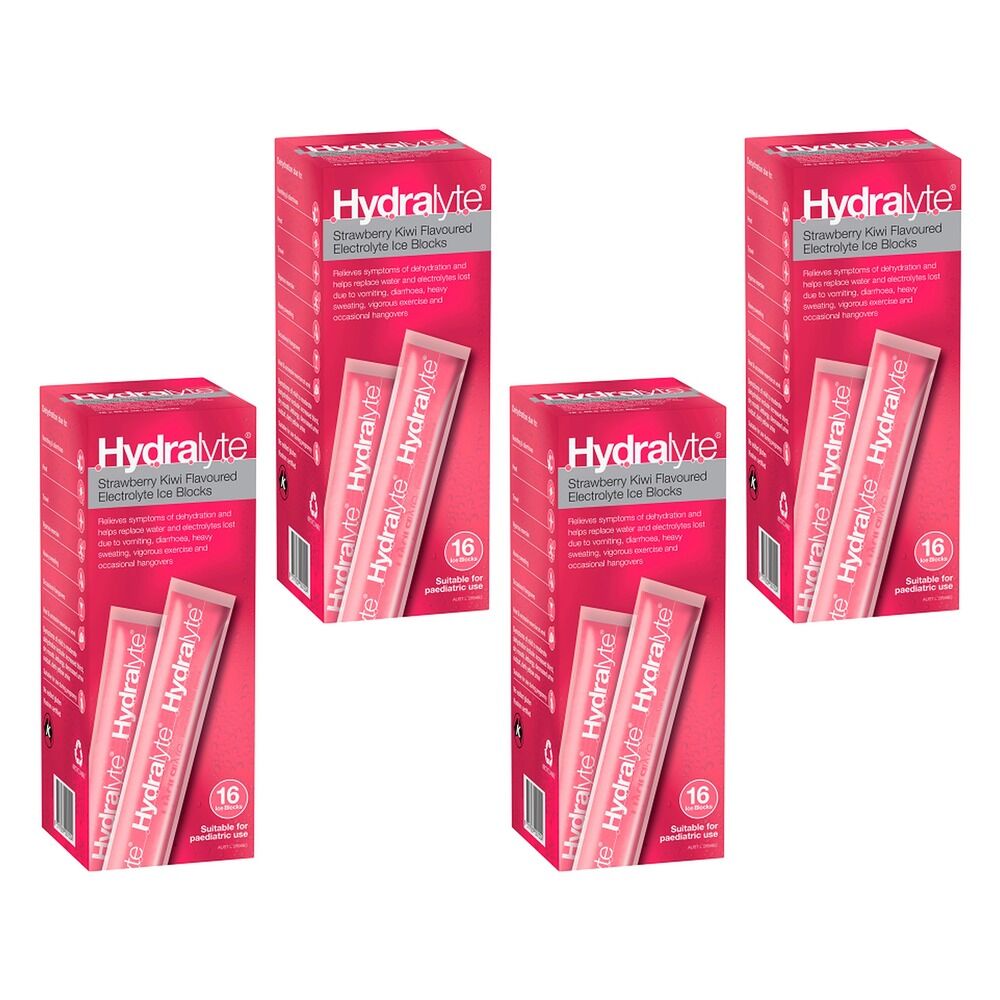 Hydralyte Strawberry Kiwi Flavoured Electrolyte Ice Blocks 16 Pack Bundle of 4