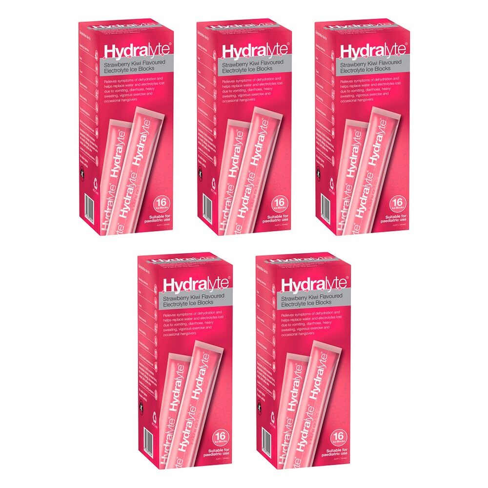 Hydralyte Strawberry Kiwi Flavoured Electrolyte Ice Blocks 16 Pack Bundle of 5