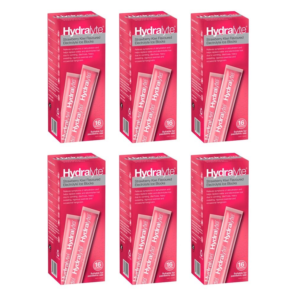 Hydralyte Strawberry Kiwi Flavoured Electrolyte Ice Blocks 16 Pack Bundle of 6