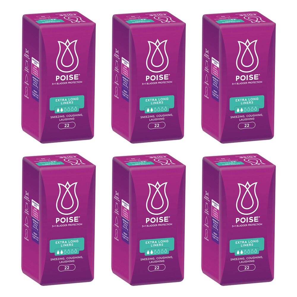Poise Extra Long Liners 22 Pack x 6 Bundle of 6