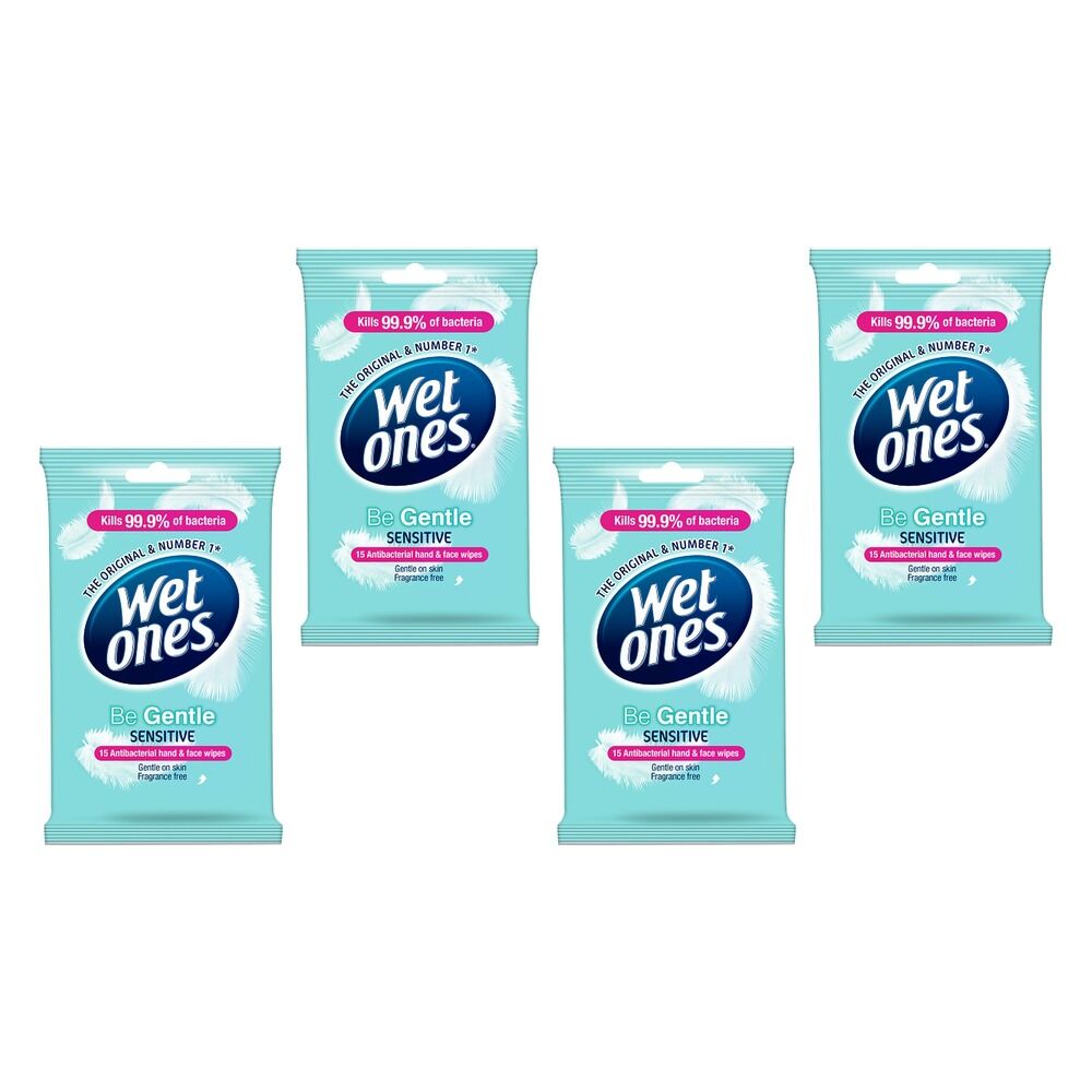 Wet Ones Be Gentle Sensitive Antibacterial Hand & Face Wipes 15 Wipes Pack of 4