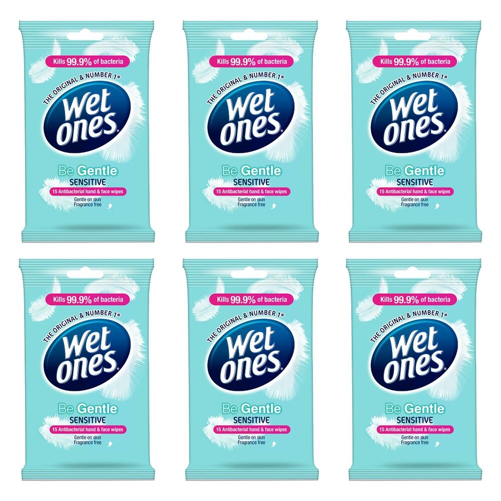 Wet Ones Be Gentle Sensitive Antibacterial Hand & Face Wipes 15 Wipes Pack of 6