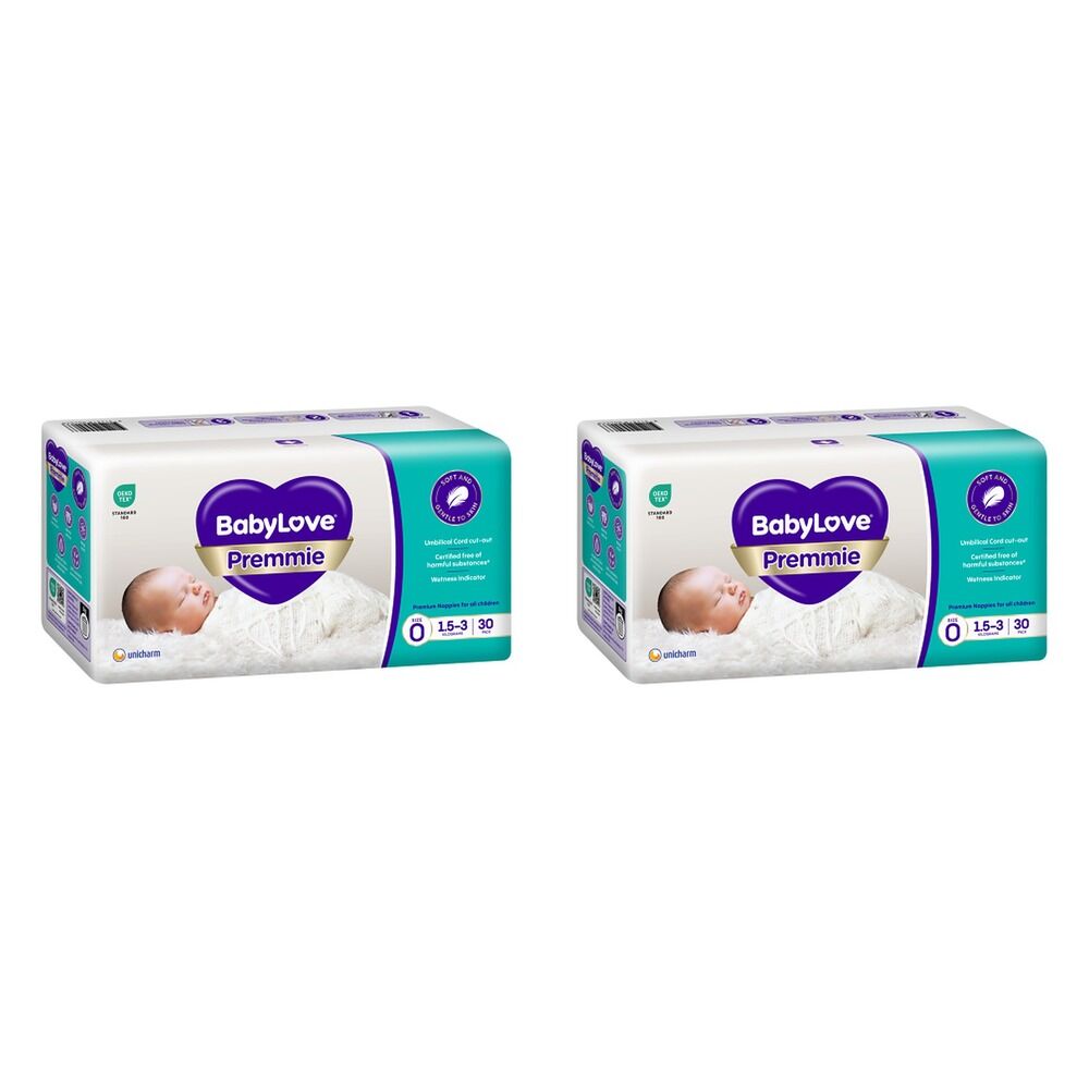 Baby Love Premmie Nappies Size 0 (1.5-3kg) 30 Pack x 4 Bundle of 2