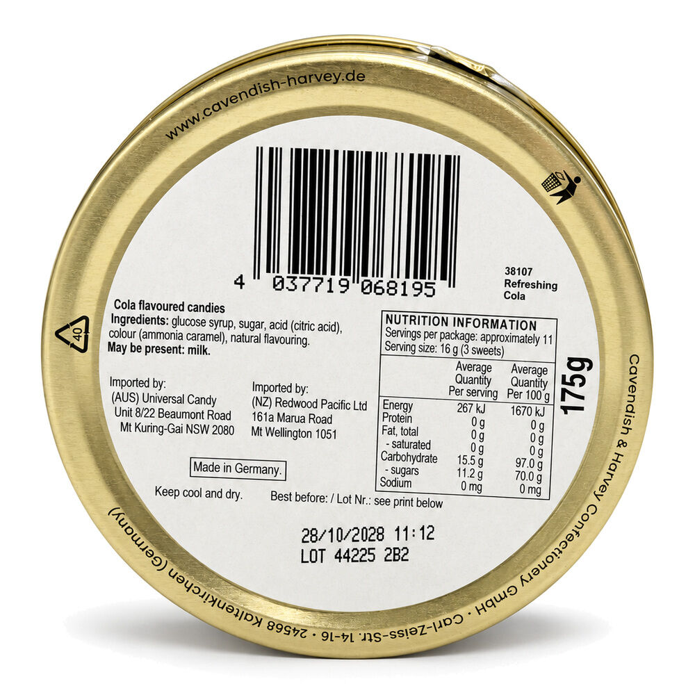 Cavendish & Harvey Refreshing Cola Drops 175g Tin Sweets C&H Candy Lollies