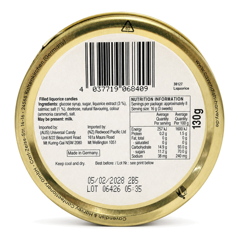 Cavendish & Harvey Liquorice Filled Drops 130g Tin Sweets C&H Candy Lollies