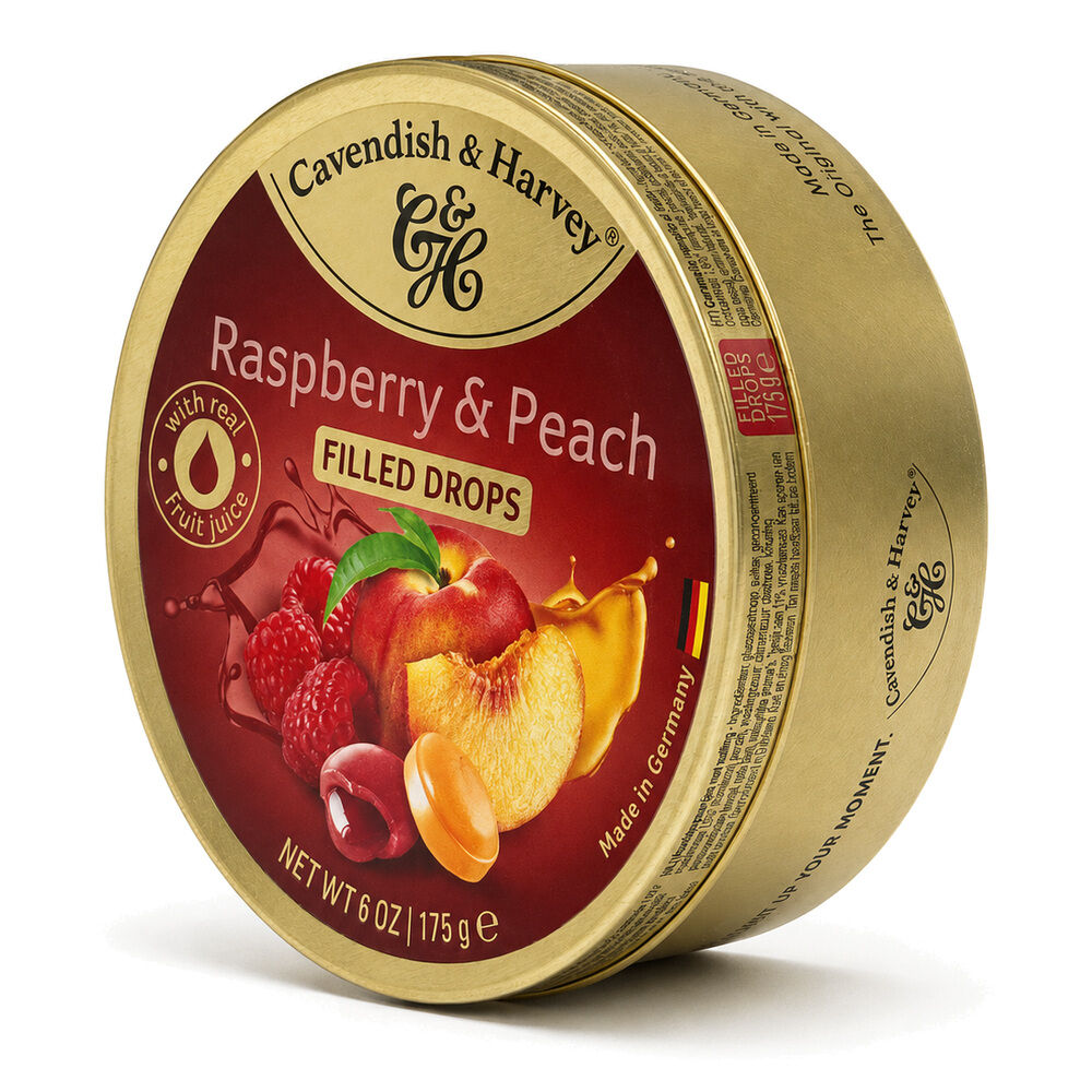 Cavendish & Harvey Raspberry & Peach Drops 175g Tin Sweets C&H Candy Lollies