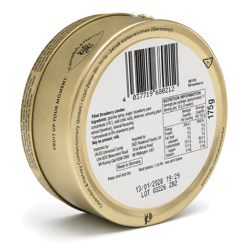 Cavendish & Harvey Strawberry Drops 175g Tin Sweets C&H Candy Lollies