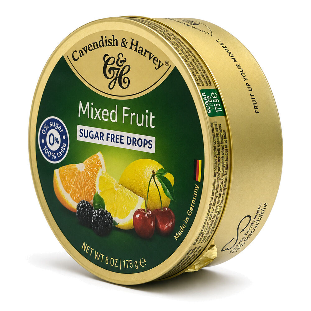 Cavendish & Harvey Sugar Free Mixed Fruit Drops 175g Tin Sweets Candy Lollies