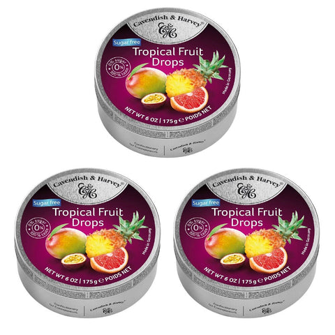 Cavendish & Harvey 3 x Tropical Fruit Drops 175g Tin Candy Lollies Sugar Free C&H