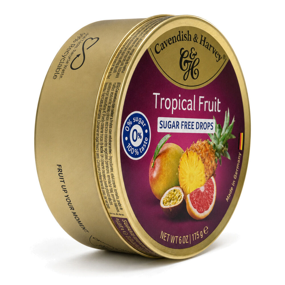 Cavendish & Harvey Tropical Fruit Drops 175g Tin Candy Lollies Sugar Free C&H