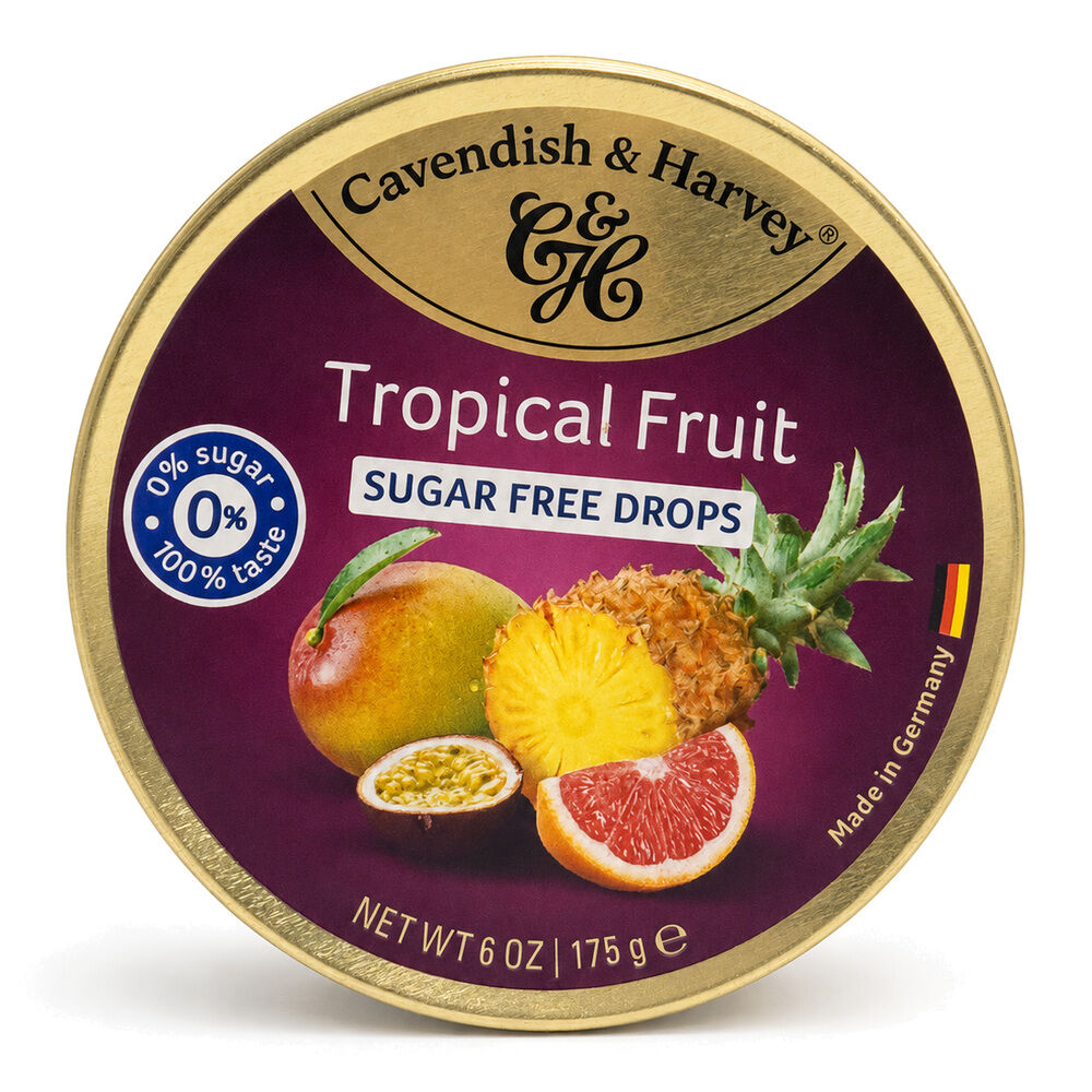Cavendish & Harvey Tropical Fruit Drops 175g Tin Candy Lollies Sugar Free C&H