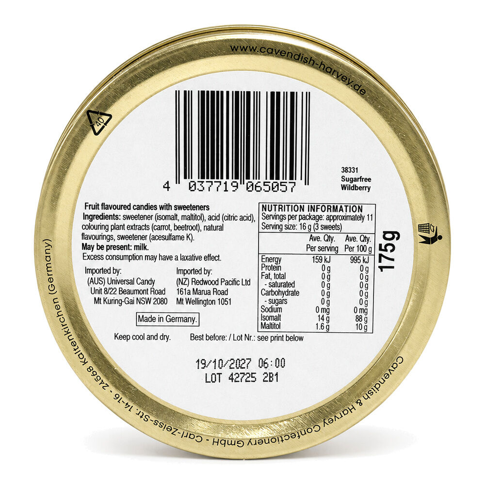 Cavendish & Harvey Tin Sweets 175g Sugar Free Wild Berry