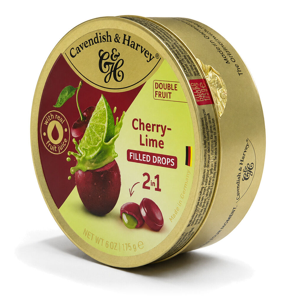 Cavendish & Harvey Double Fruit Cherry Drops Filled With Lime 175gm Tin Sweets
