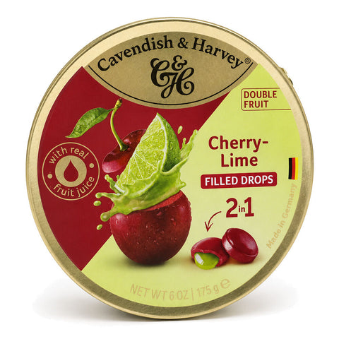 Cavendish & Harvey Double Fruit Cherry Drops Filled With Lime 175gm Tin Sweets